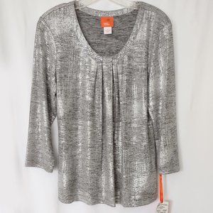 Hearts of Palm Silver Metallic Tunic Top M Medium Embellished Neckline NWT